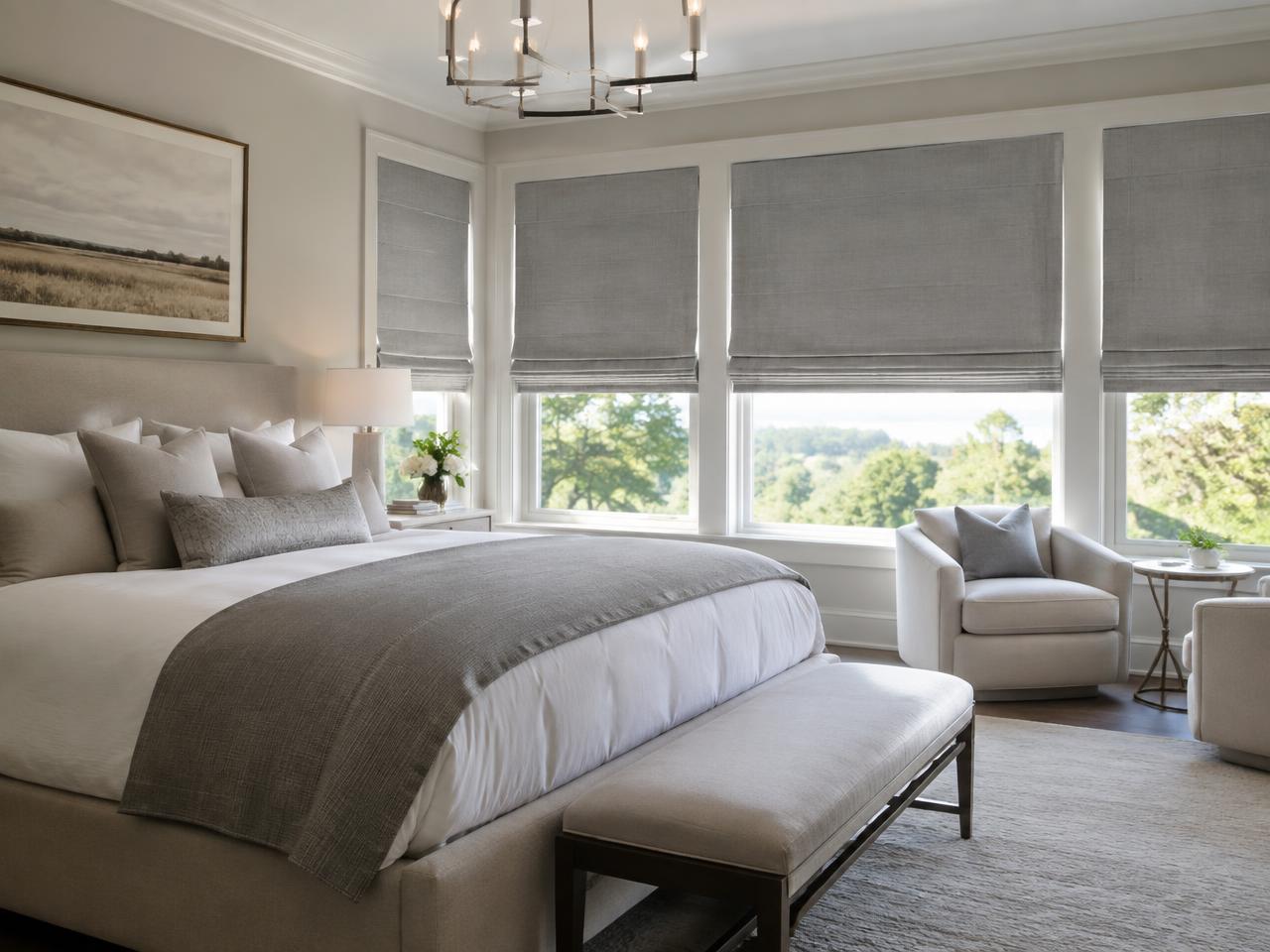Blackout roman shades in a Weston primary bedroom
