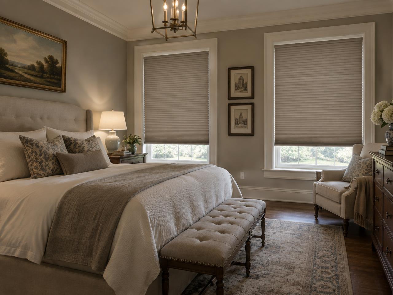 Cordless cellular shades in a colonial bedroom in Lexington