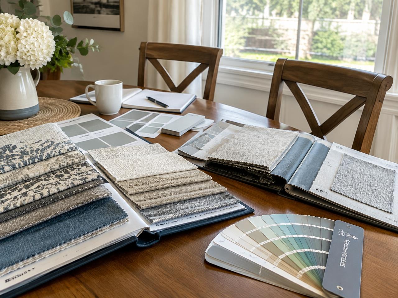 Fabric books and shade swatches on a dining table during a Newton, MA consultation