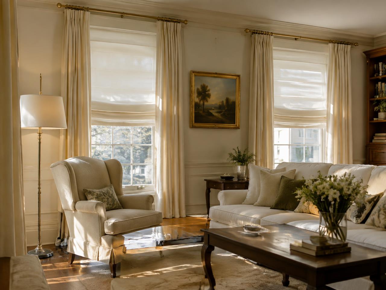 Relaxed Roman shades under cream drapery in a Waltham, MA living room