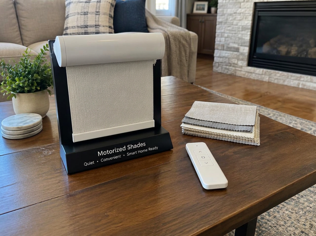 Motorized shade demo and remote during a Belmont, MA in-home consultation