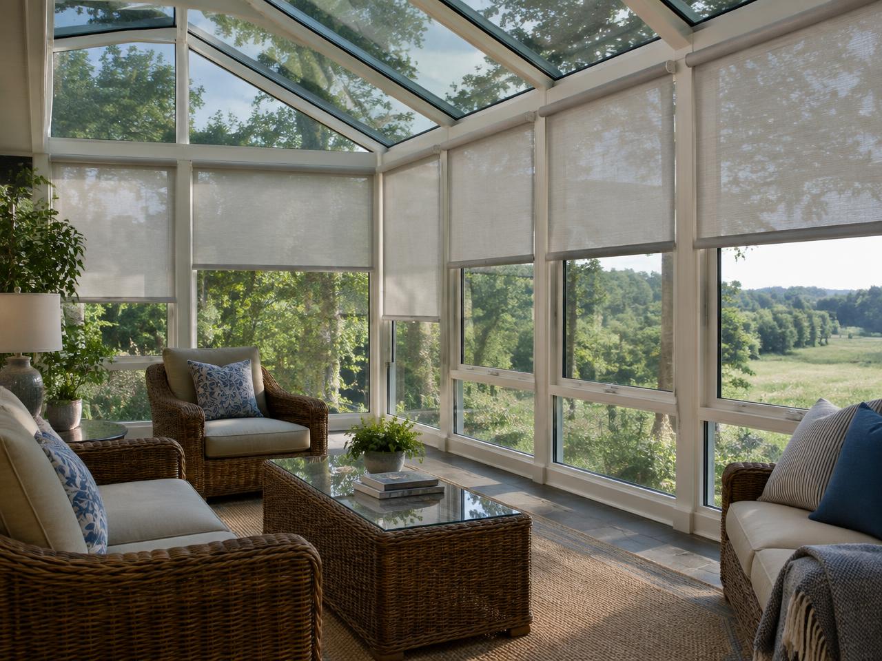 Motorized shades in a sunroom addition in Concord, MA