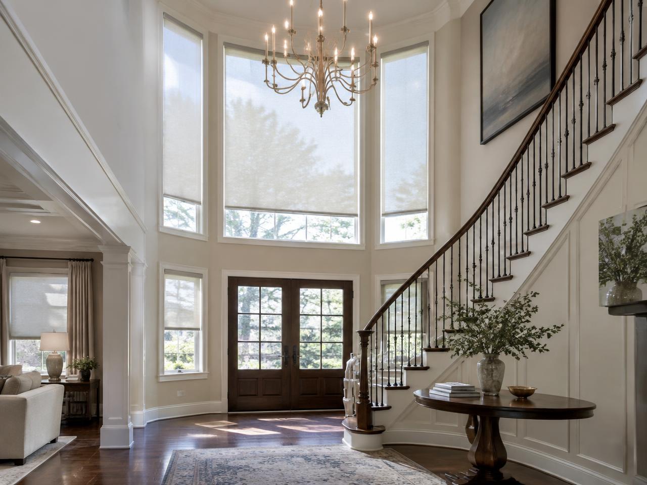 Motorized shades in a two-story Wellesley foyer