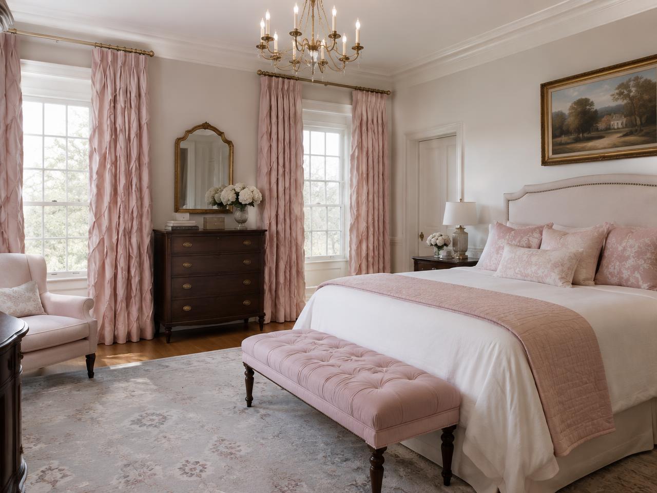 Blush pinch-pleat drapery and upholstered bench in a Winchester, MA bedroom