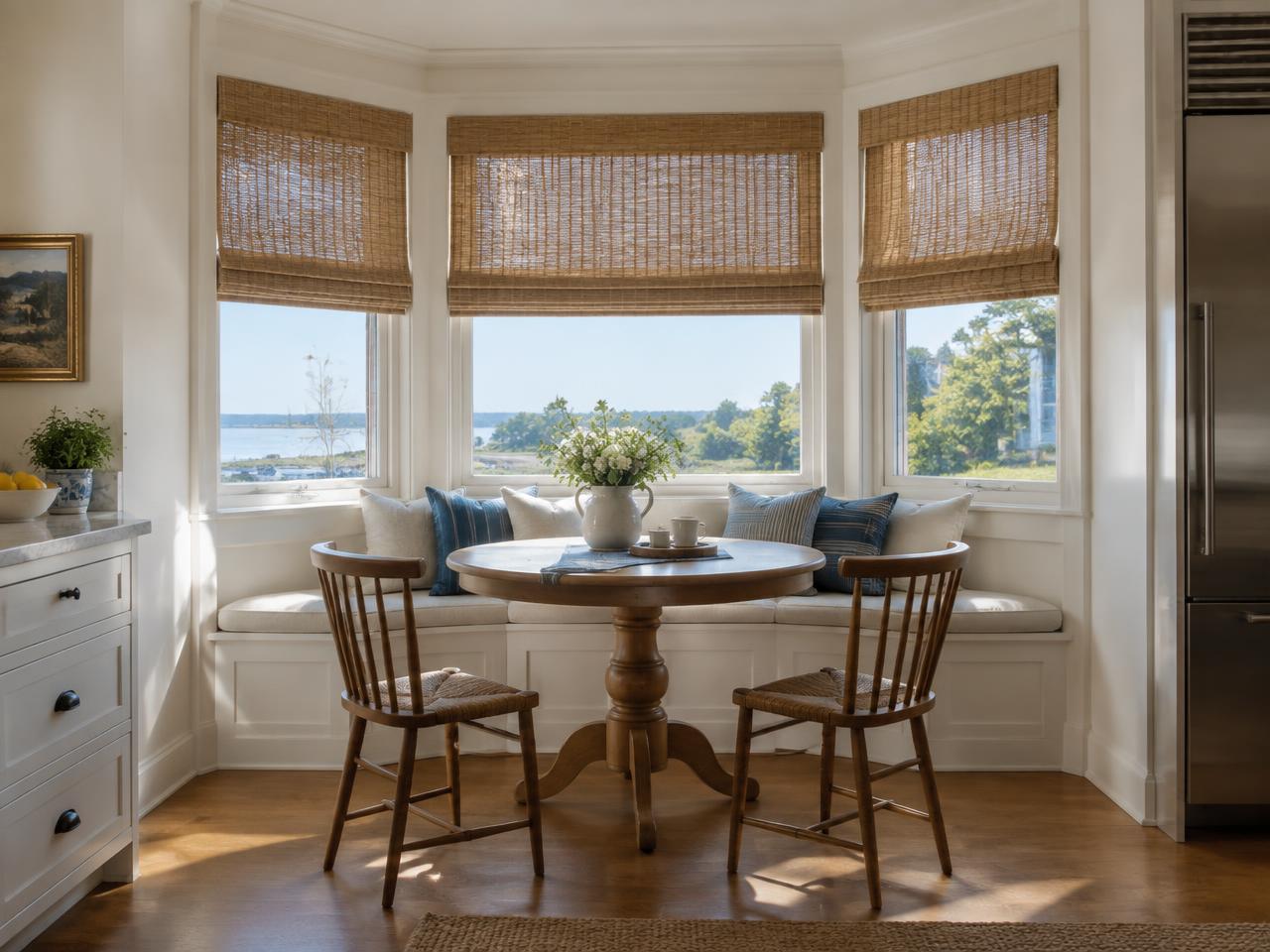 Woven wood Roman shades in a Westwood, MA kitchen bay