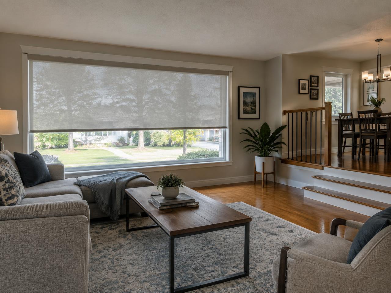 Roller shades in a split-level living room in Framingham, MA