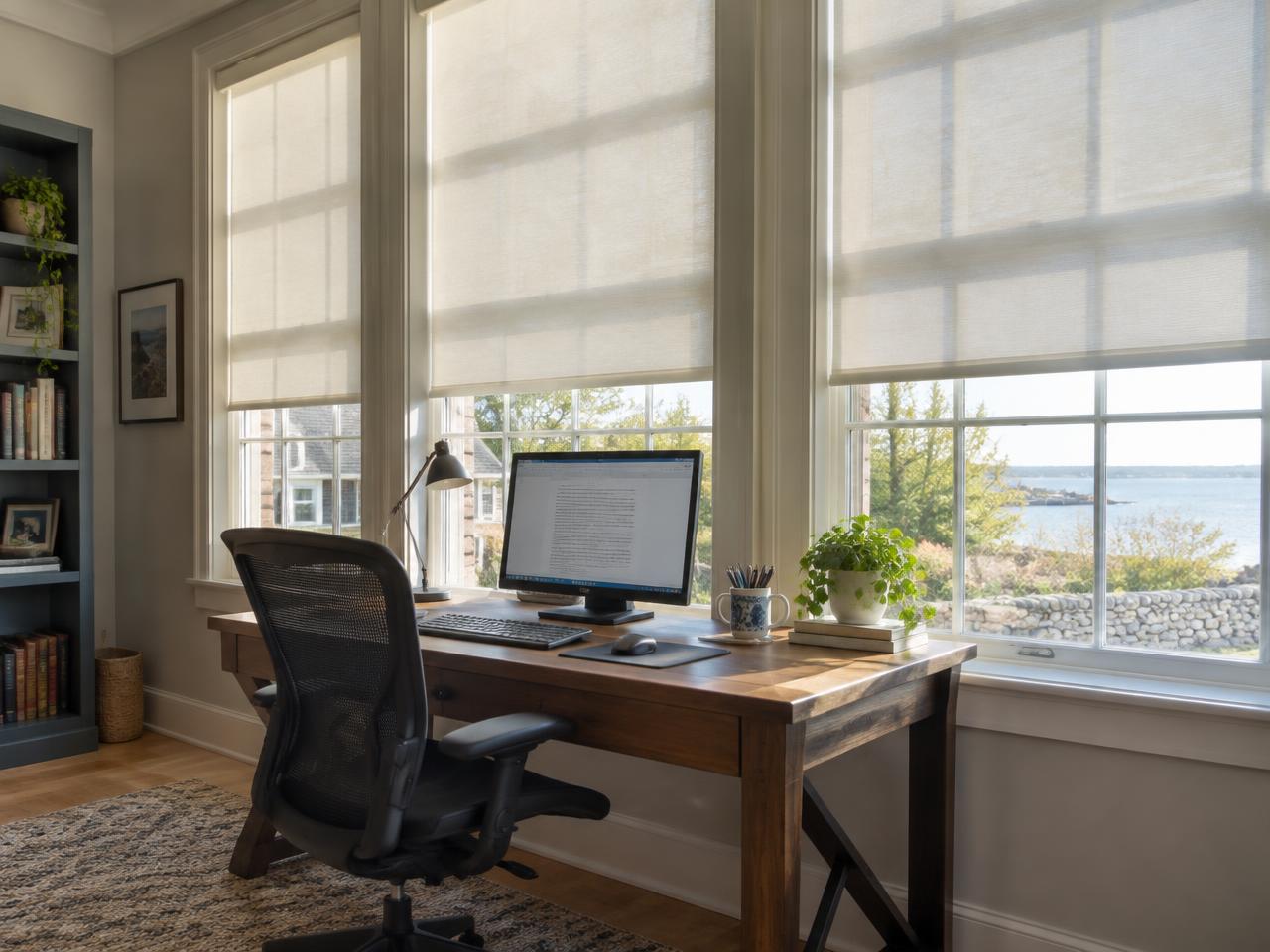 Light-filtering roller shades cutting glare in a Waltham, MA home office