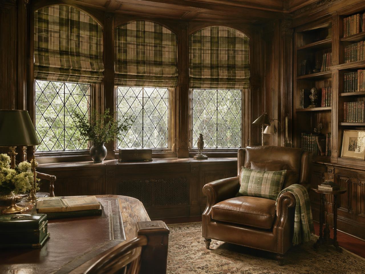 Roman shades in a Tudor study in Newton