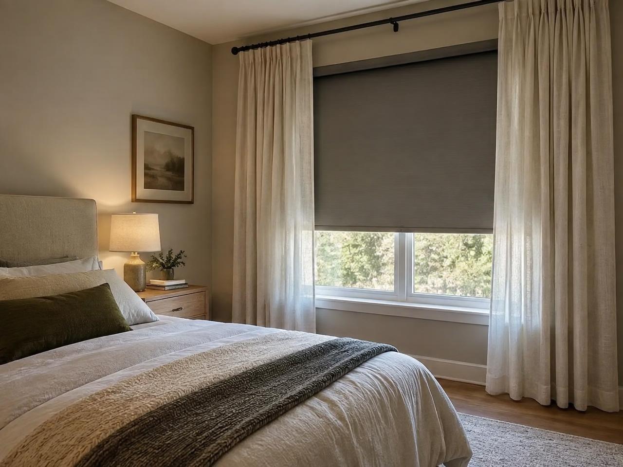 Blackout roller shade layered under linen drapery in a Belmont, MA bedroom