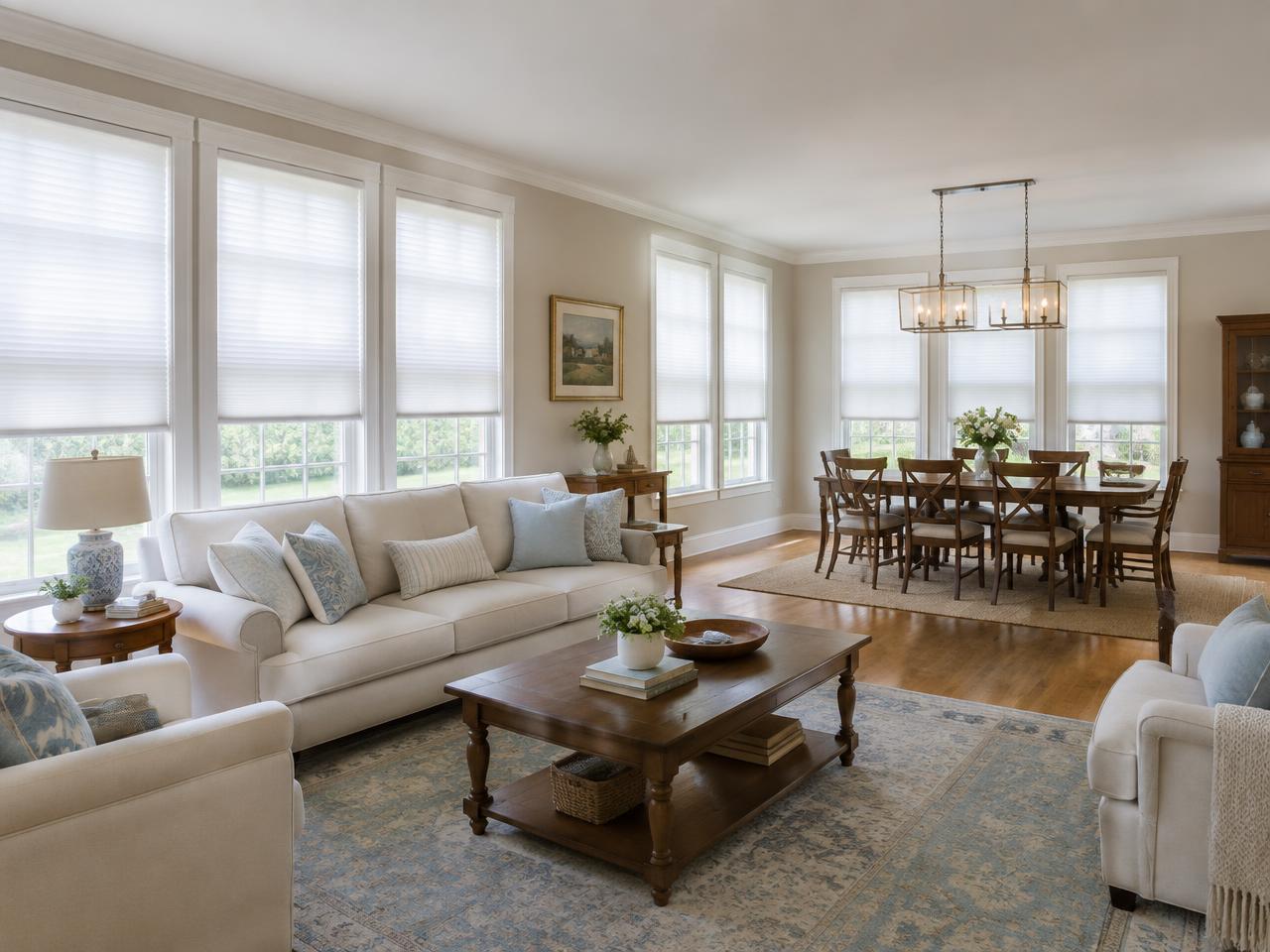 Whole-home white cellular shades in a Watertown, MA living and dining room