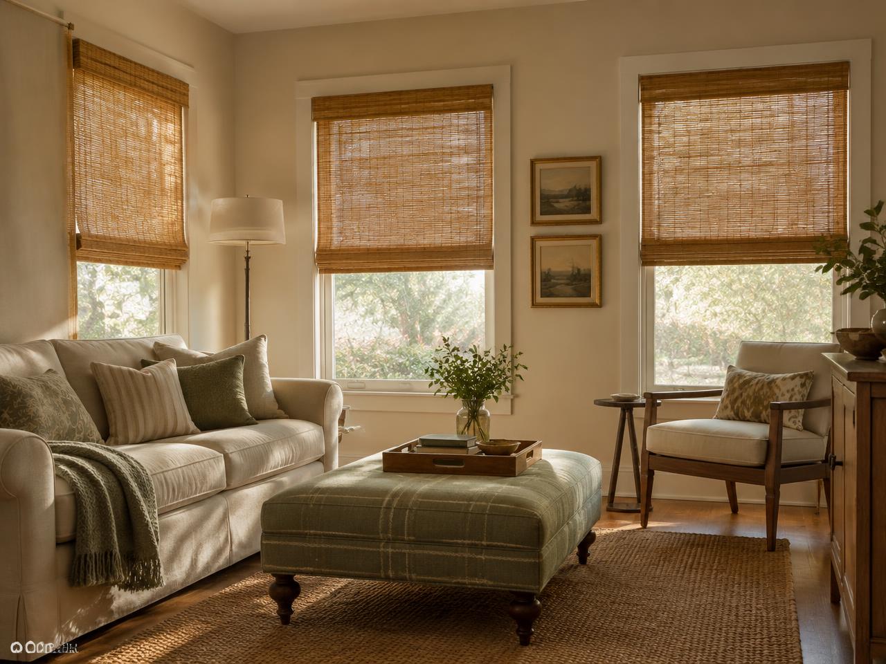 Woven wood shades and reupholstered ottoman in a Natick, MA living room