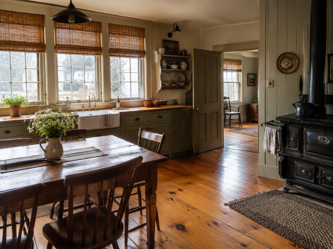 Woven wood shades in a Concord, MA farmhouse window